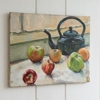 Still Life Oil On Canvas Painting Of Apples And A kettle