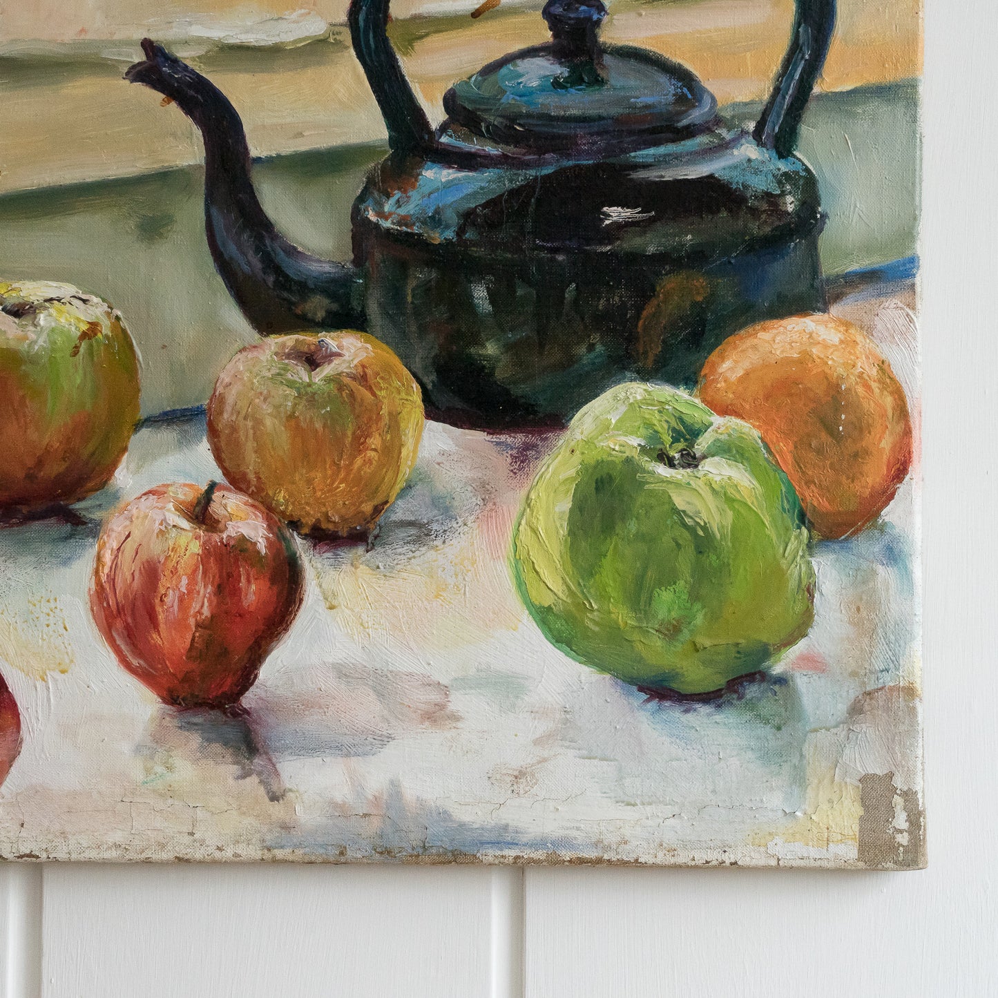 Still Life Oil On Canvas Painting Of Apples And A kettle