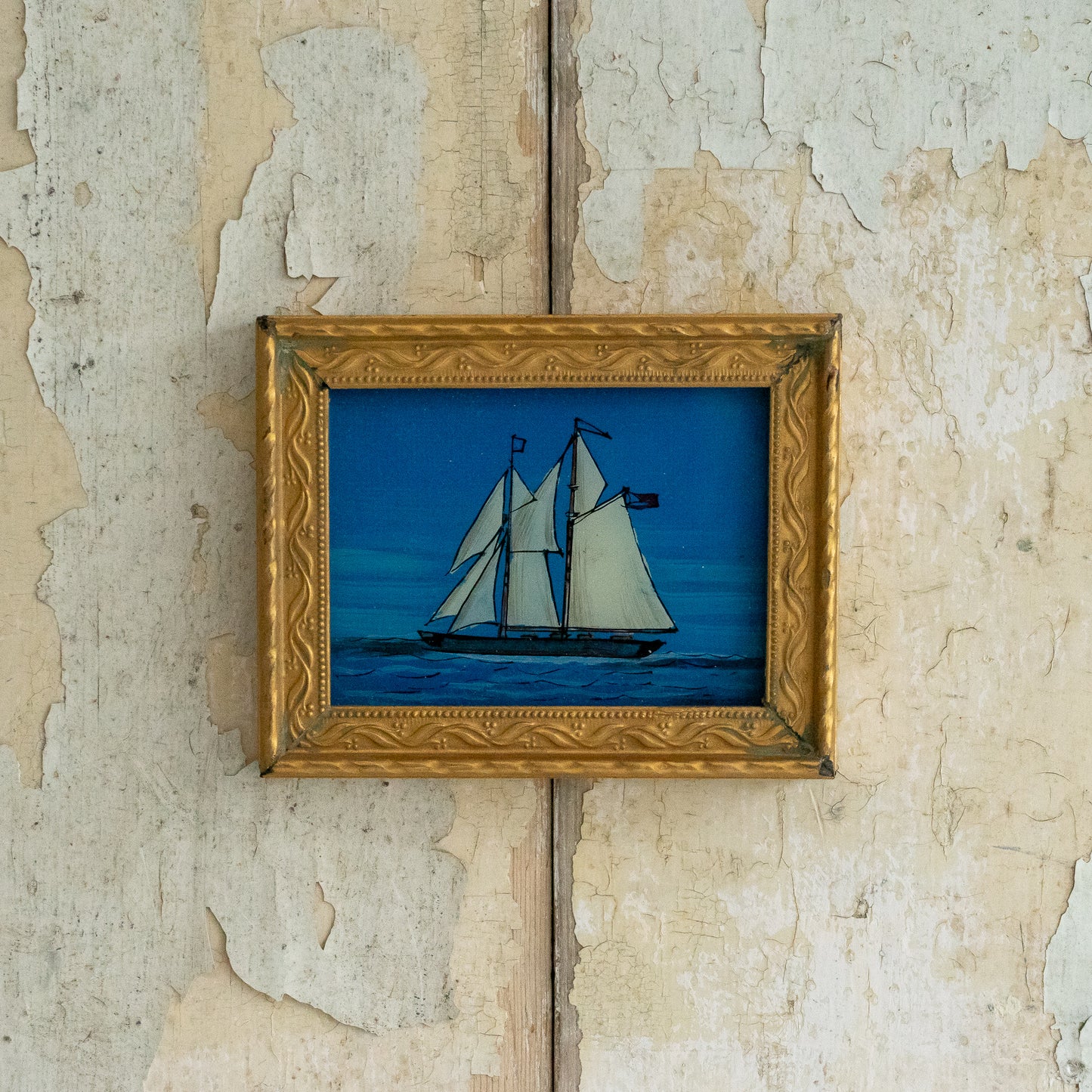 Sweet Little Painting on Glass of a Ship