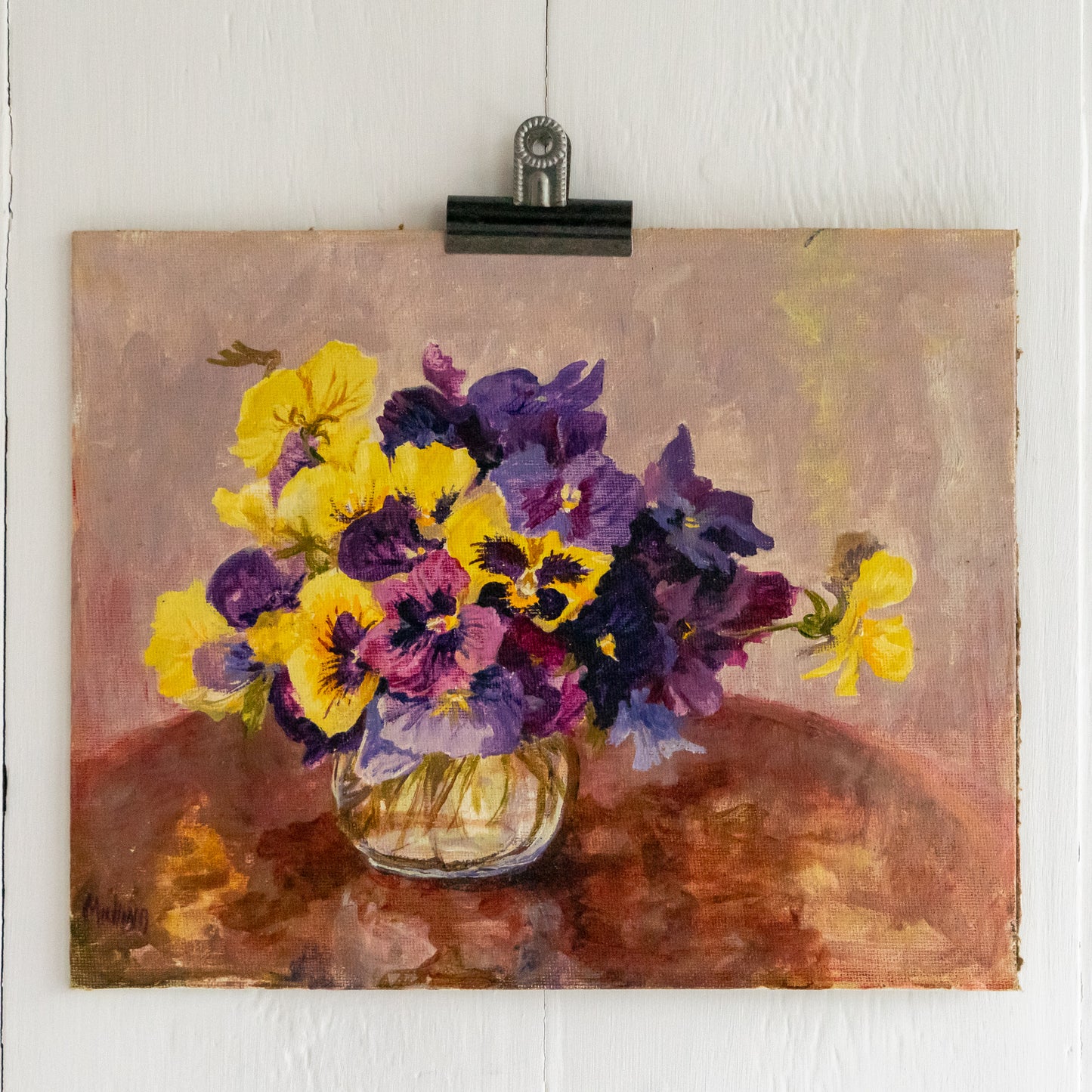 Sweet Little Oil on Board Painting of Pansies