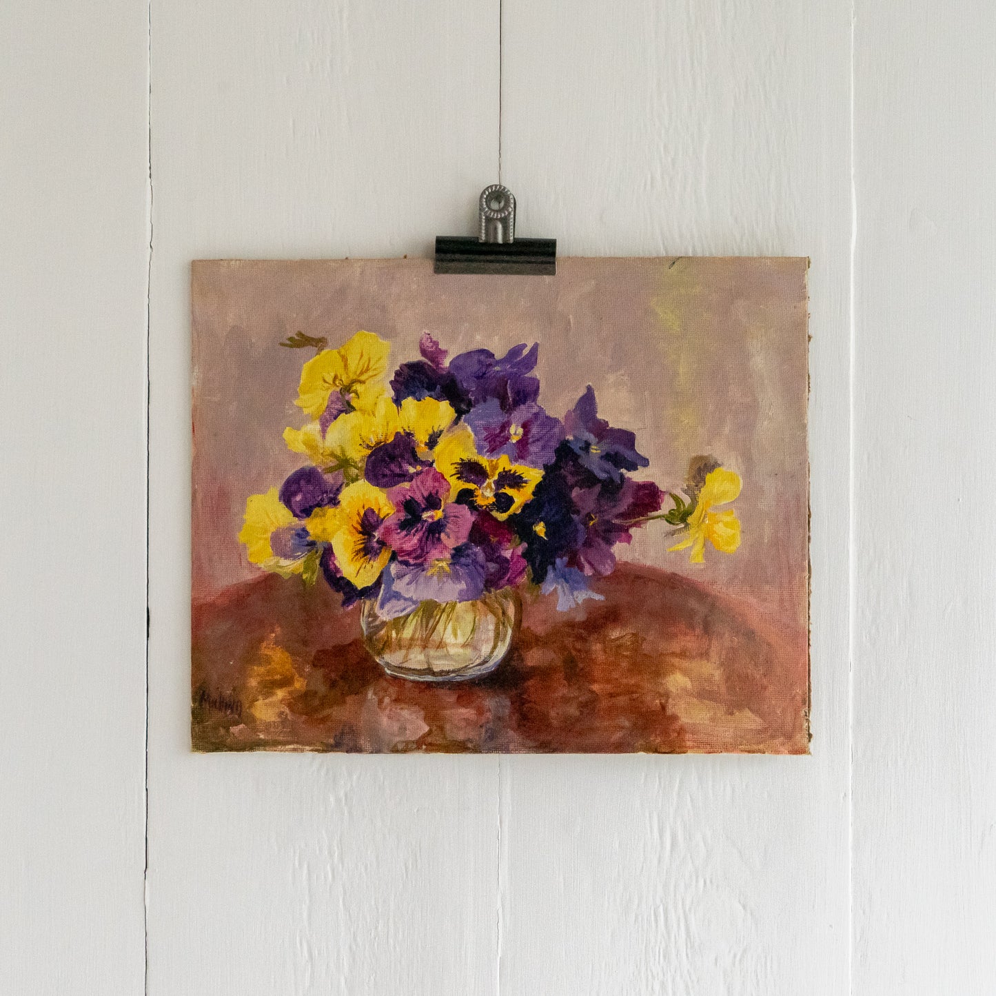 Sweet Little Oil on Board Painting of Pansies