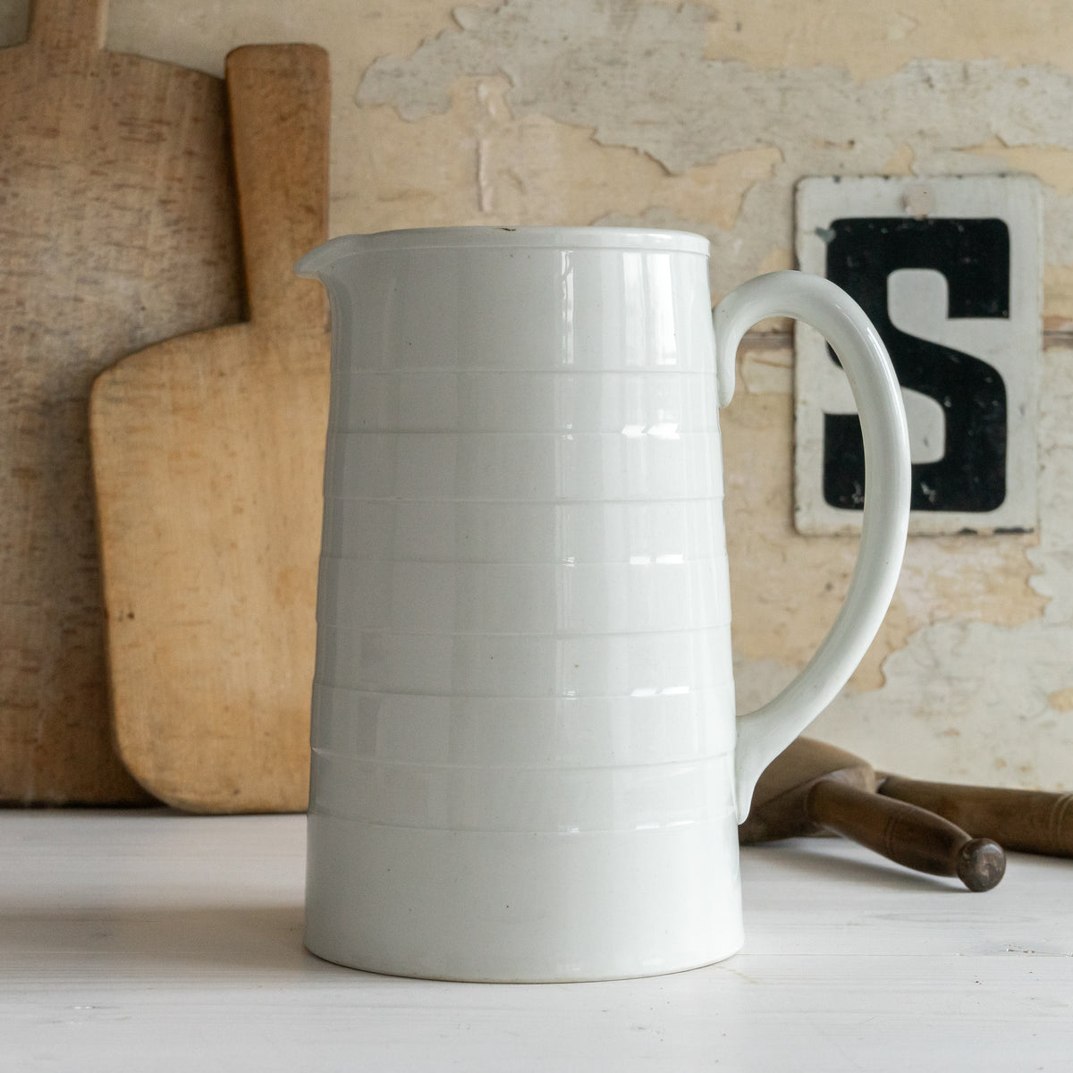Tall Antique  White Ironstone Banded Dairy Jug
