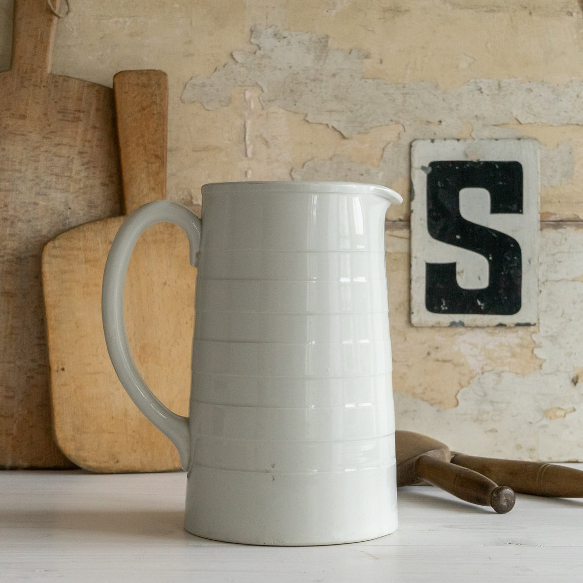 Tall Antique  White Ironstone Banded Dairy Jug