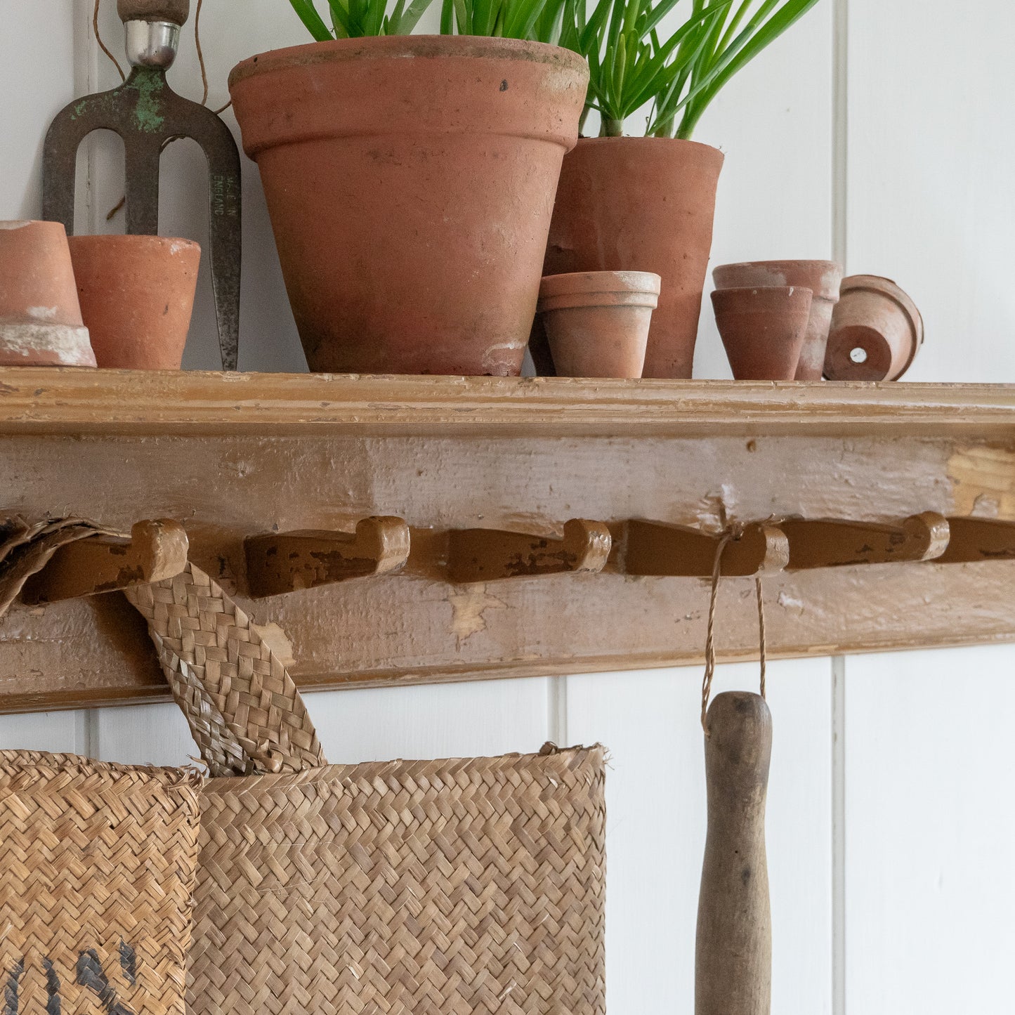 Timeworn Rustic Painted Coat Hooks and Shelf