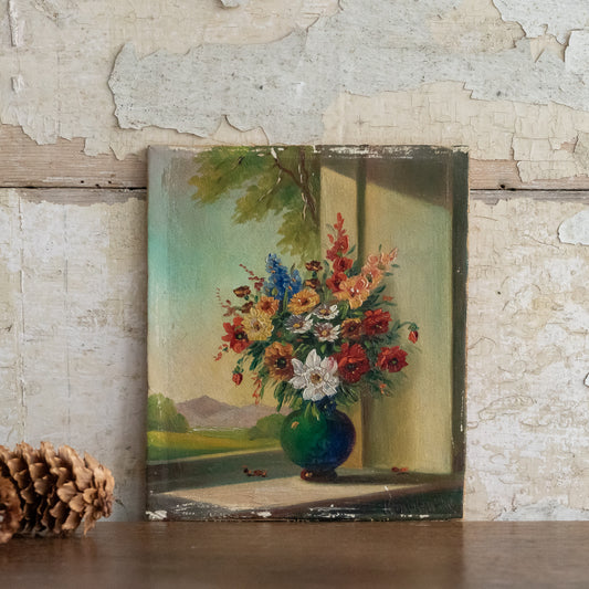 Tiny Floral Oil on Board Painting