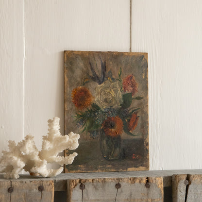Tiny French Oil on Board Floral Painting