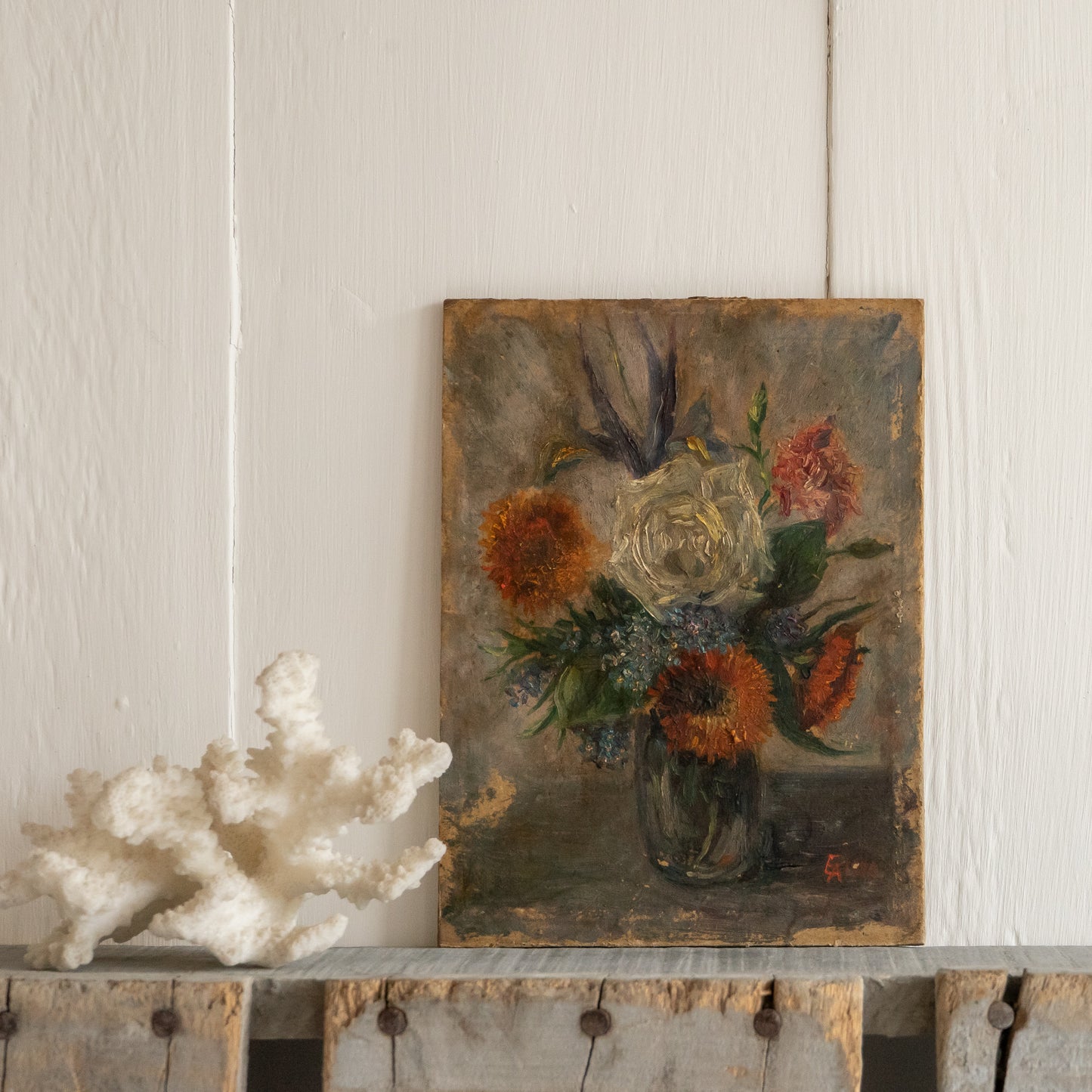 Tiny French Oil on Board Floral Painting