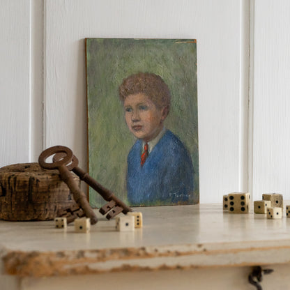 Tiny Oil on Board Portrait of a Young Boy