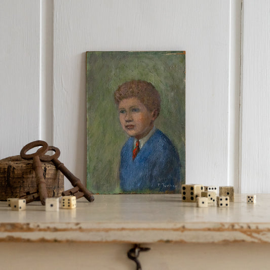 Tiny Oil on Board Portrait of a Young Boy