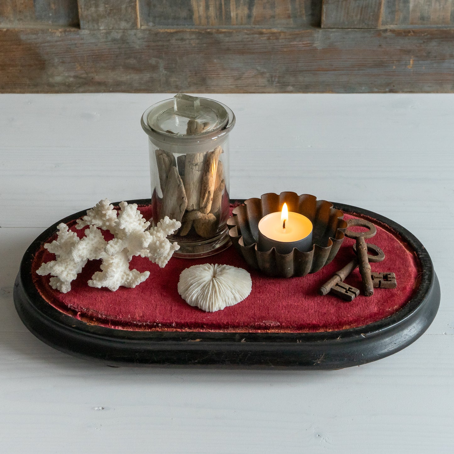 Velvet Covered Oval Ebonised Dome Base
