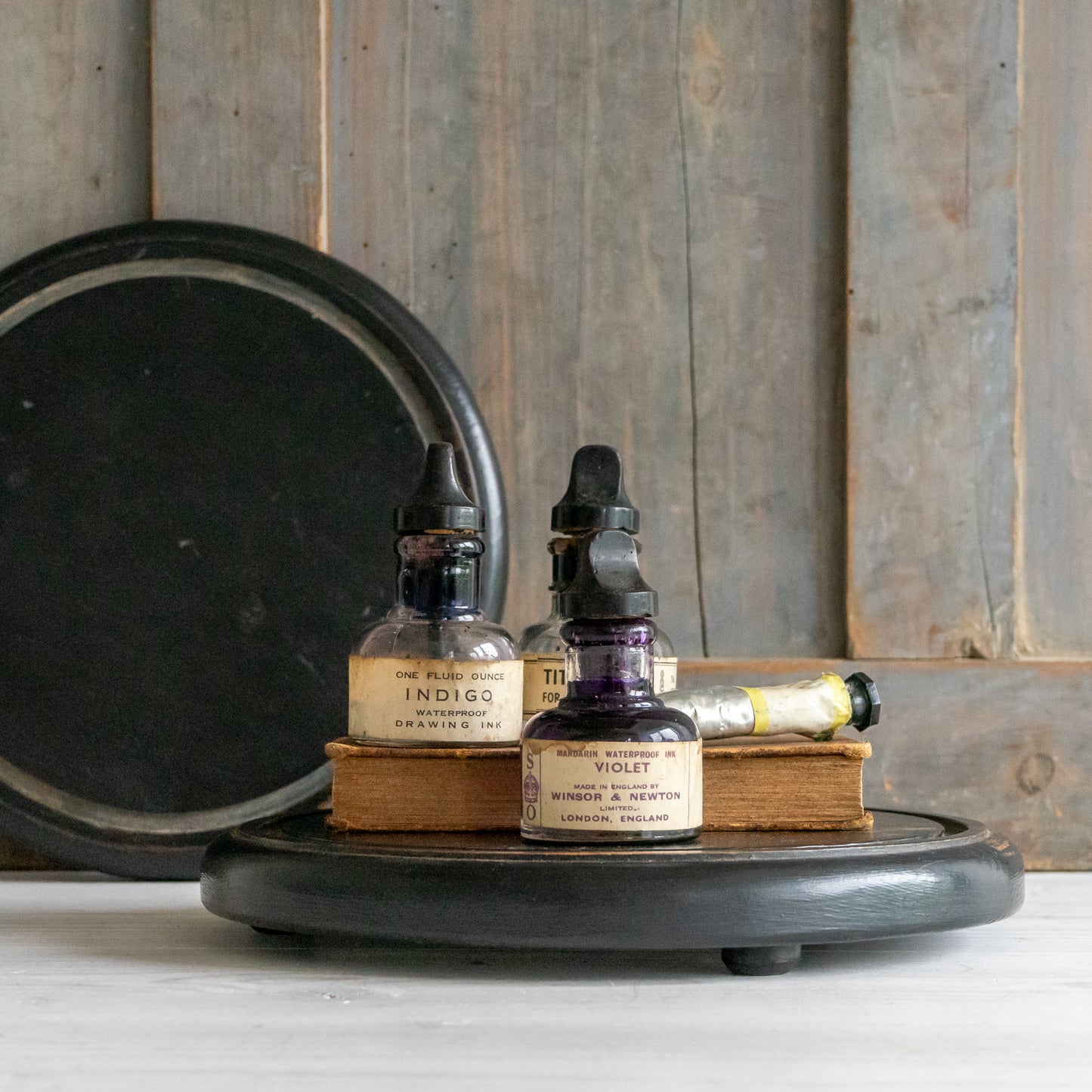 Vintage Ebonised Round Wooden Dome Base