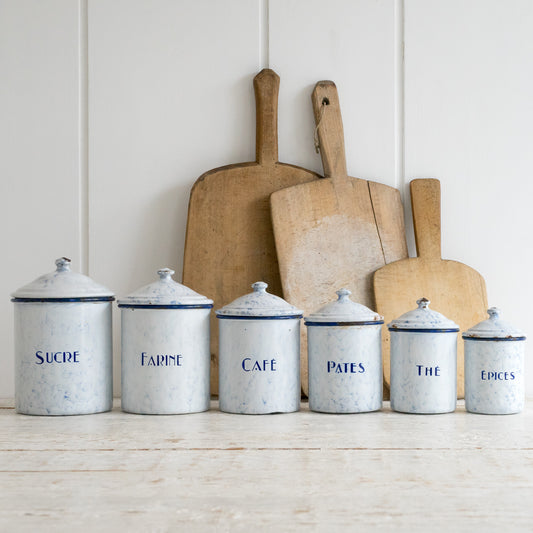 Vintage French Blue & White Enamel Storage Tin Set