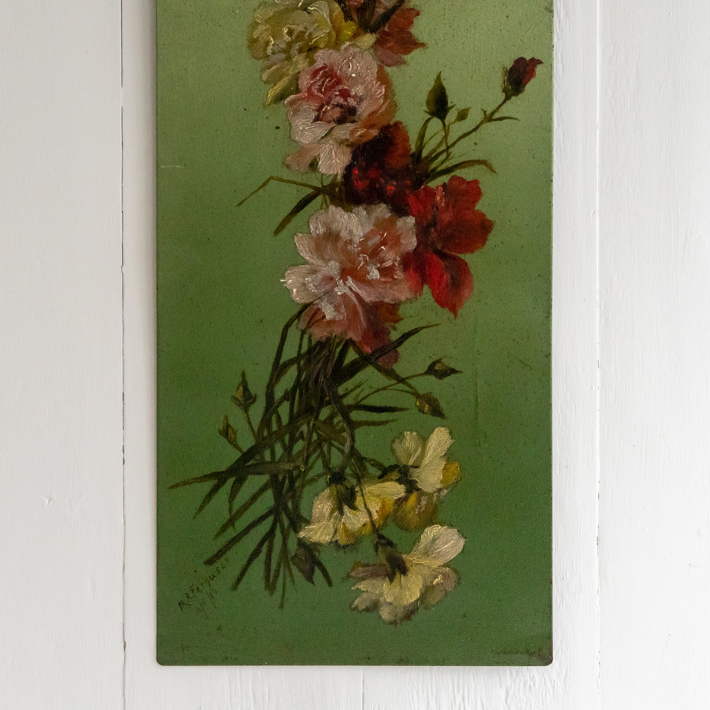 Antique Floral Painting on Tin Panel