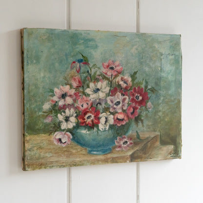 Vintage Oil on Canvas Painting of Anemones in a Blue Vase
