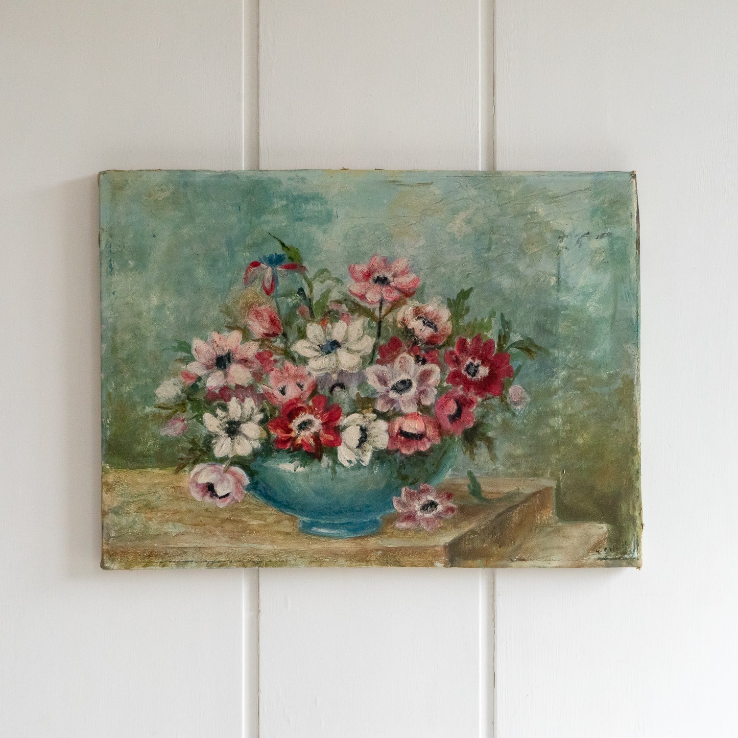Vintage Oil on Canvas Painting of Anemones in a Blue Vase