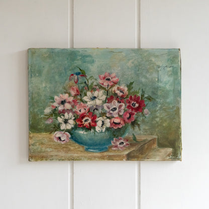 Vintage Oil on Canvas Painting of Anemones in a Blue Vase