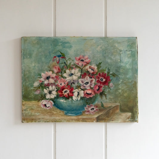 Vintage Oil on Canvas Painting of Anemones in a Blue Vase