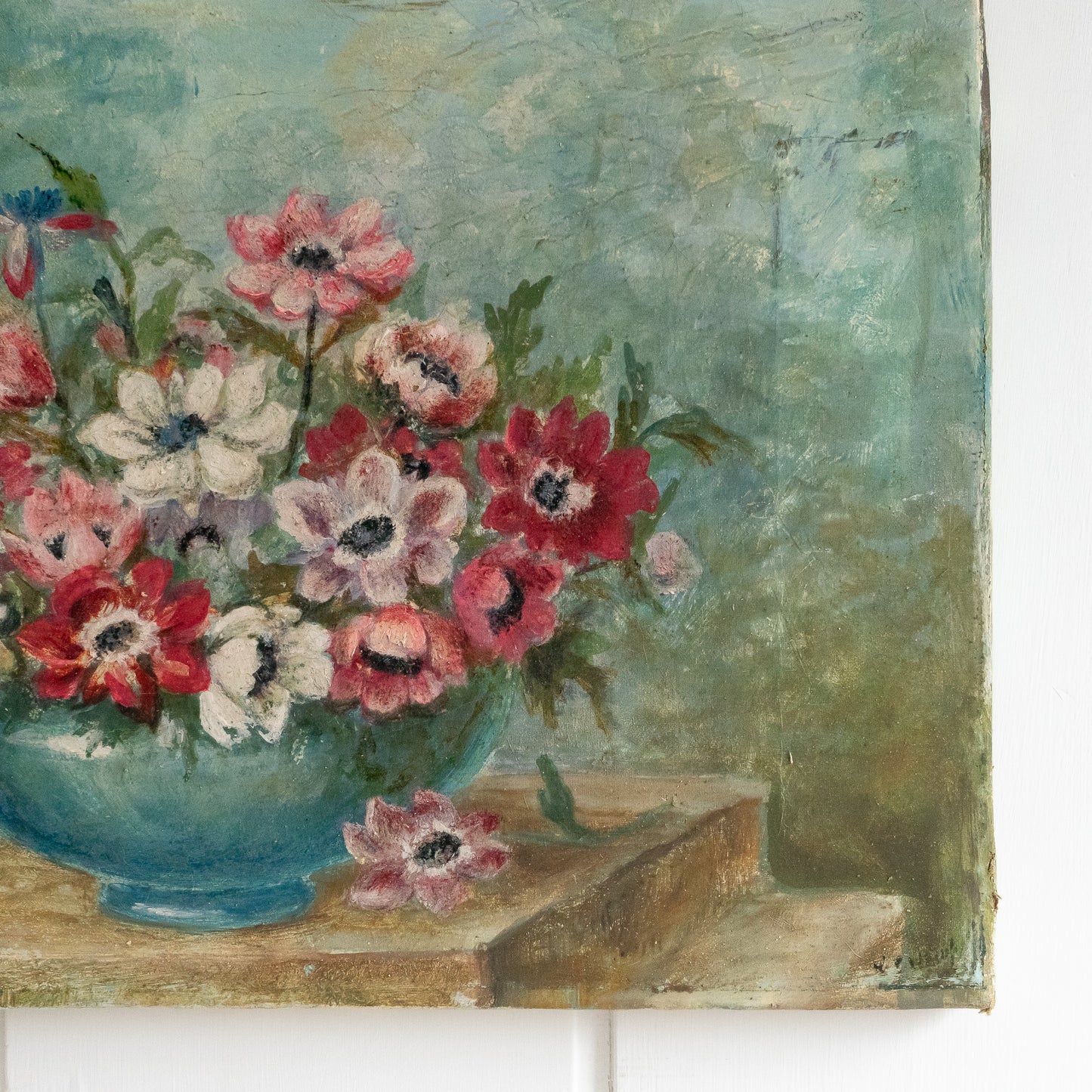 Vintage Oil on Canvas Painting of Anemones in a Blue Vase