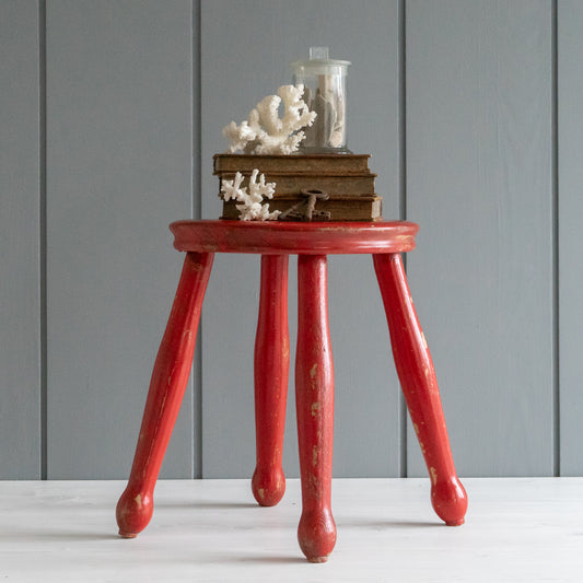 Vintage Red Painted Wooden  Milking Stool