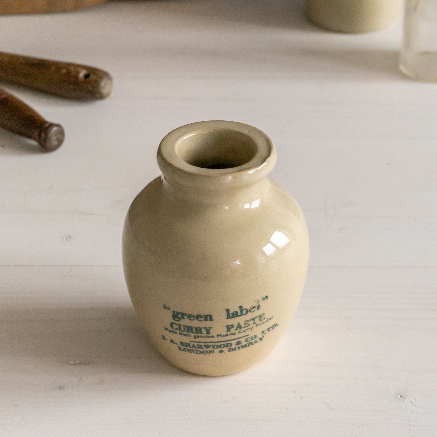 Vintage stoneware Green Label Curry Paste Pot