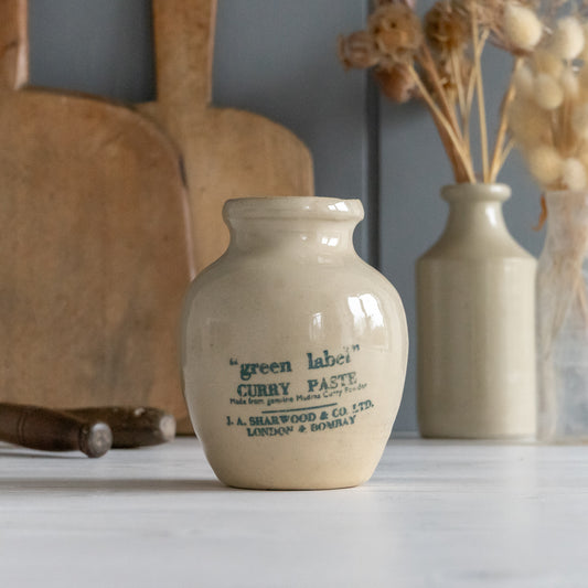 Vintage stoneware Green Label Curry Paste Pot