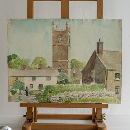 Vintage Watercolour Painting of Germoe Church #2
