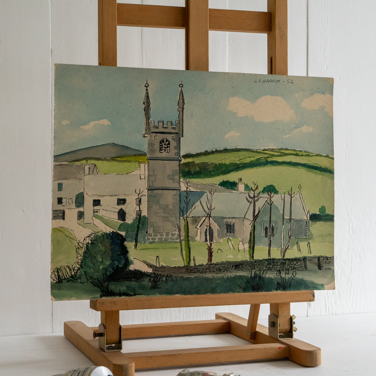 Vintage Watercolour Painting of Germoe Church