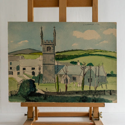 Vintage Watercolour Painting of Germoe Church