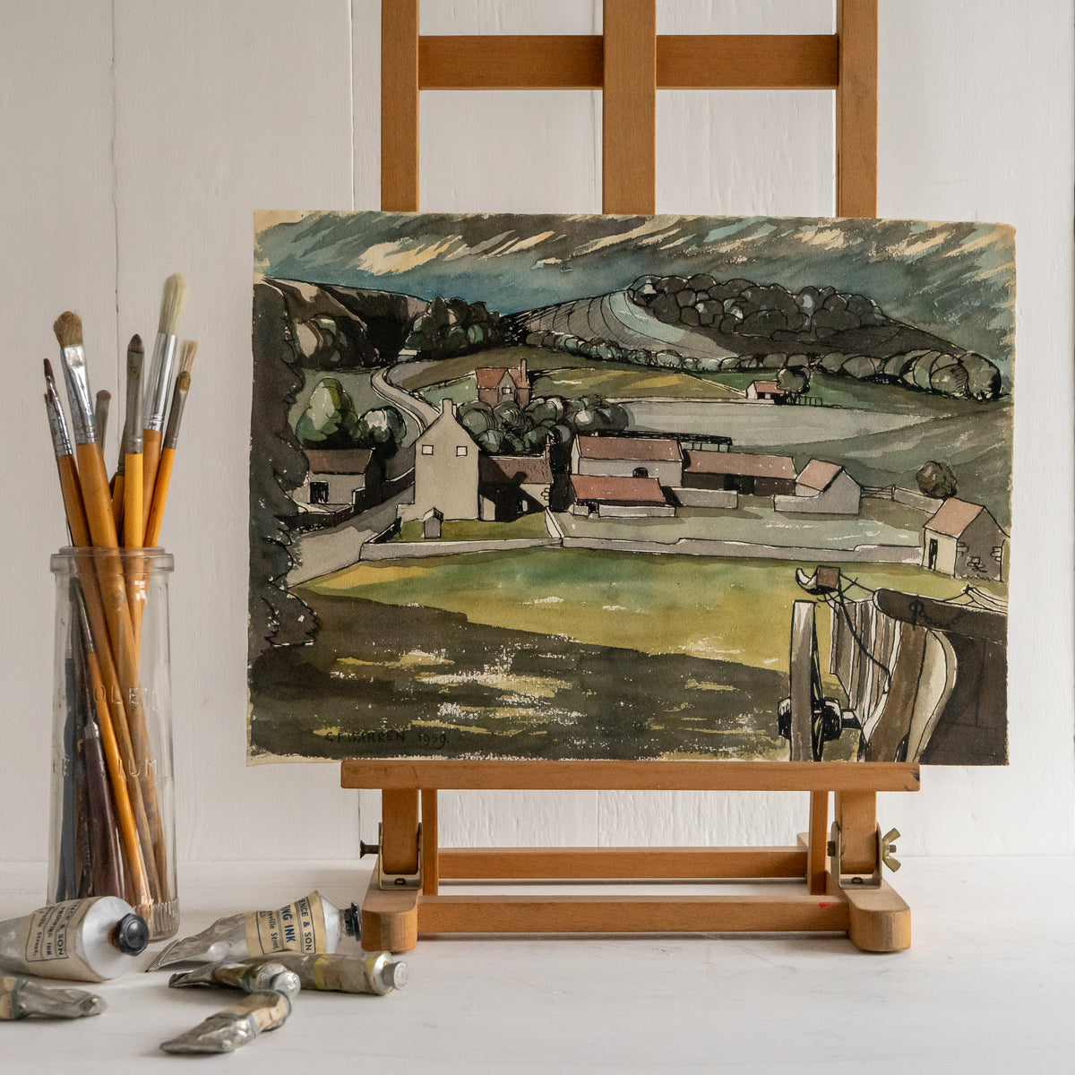 Vintage Watercolour Painting of Somerset Farm