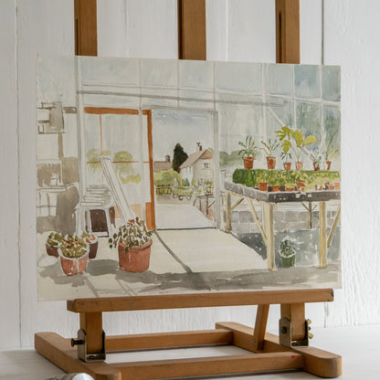 Vintage Watercolour Painting of a Glasshouse and Garden