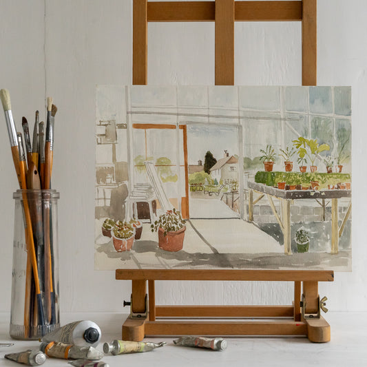 Vintage Watercolour Painting of a Glasshouse and Garden