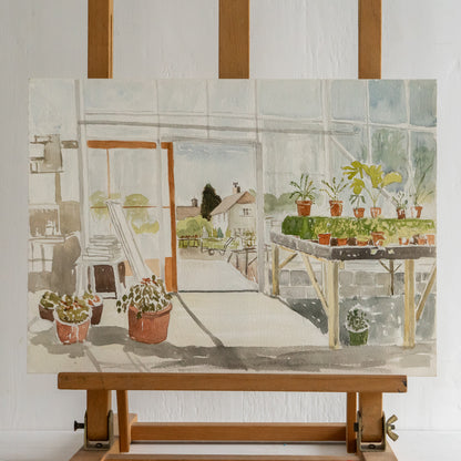 Vintage Watercolour Painting of a Glasshouse and Garden