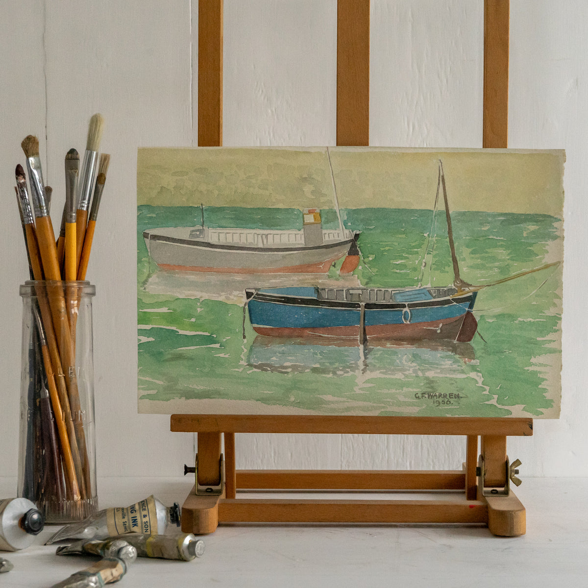 Vintage Waterrcolour Painting of Boats on the Water