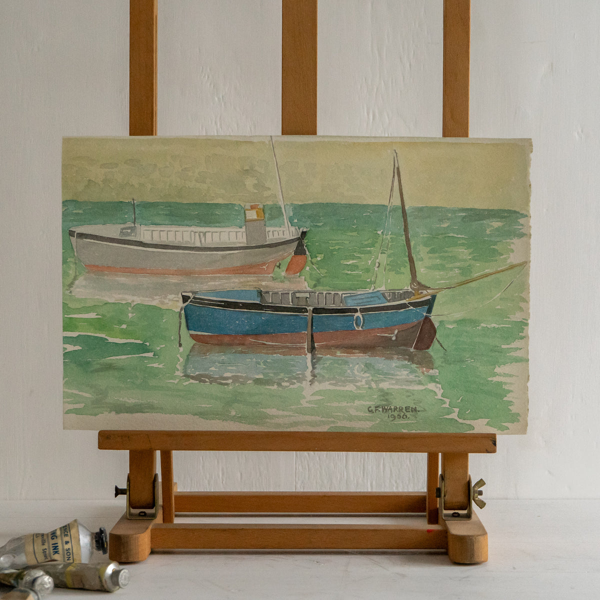 Vintage Waterrcolour Painting of Boats on the Water