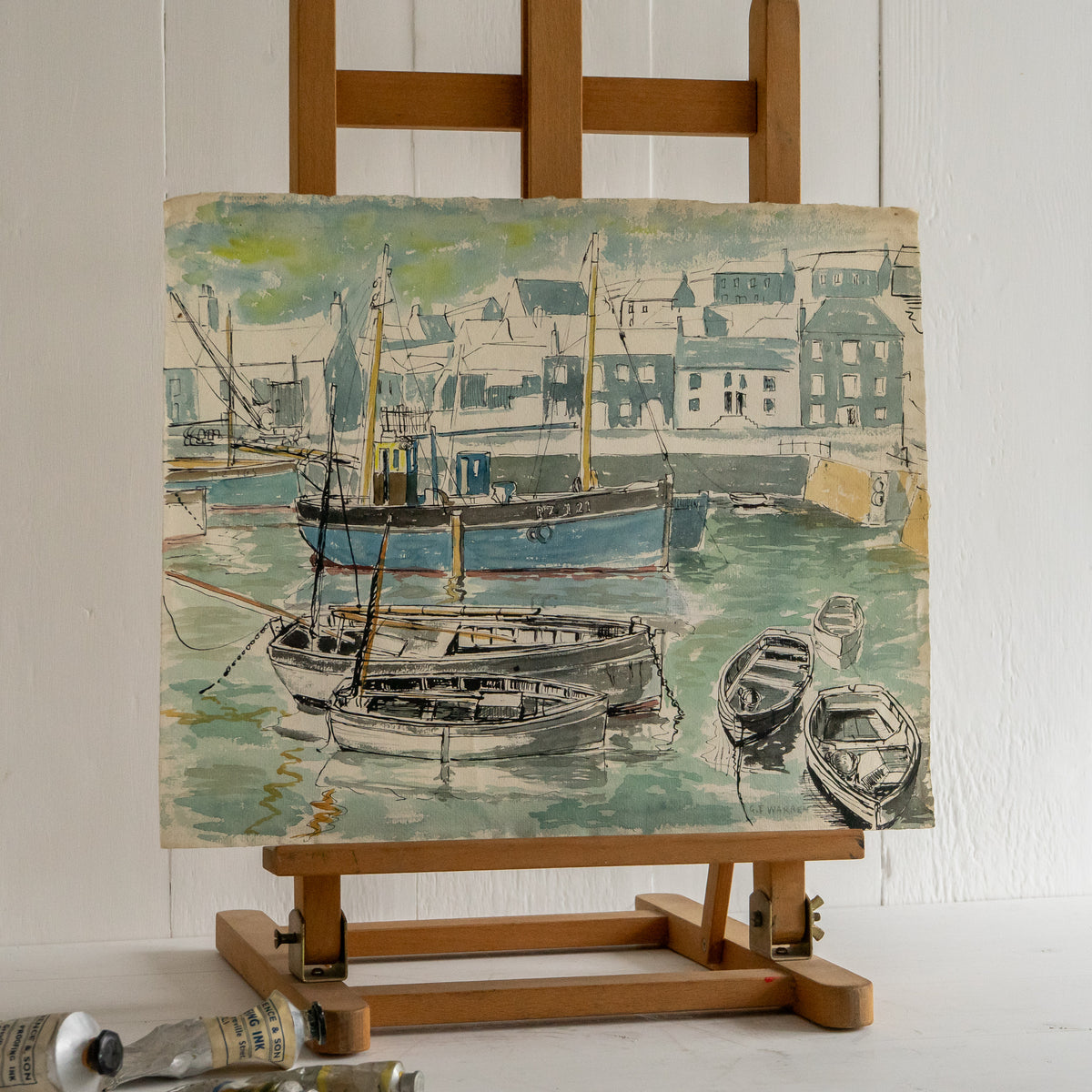 Vintage watercolour Painting of Porthleven Harbour