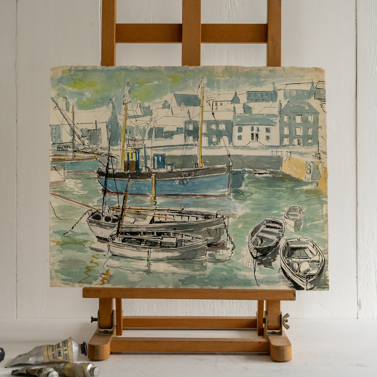 Vintage watercolour Painting of Porthleven Harbour