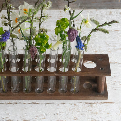 Vintage Wooden Test Tube Rack with 16 Glass Test Tubes