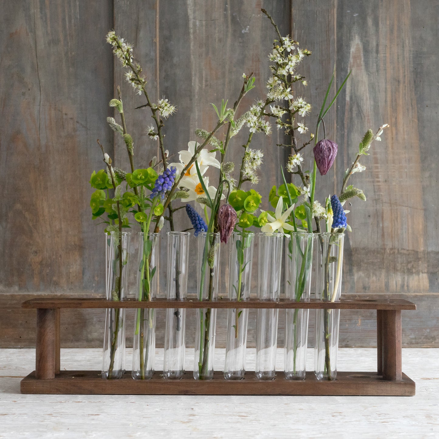 Vintage Wooden Test Tube Rack with 16 Glass Test Tubes