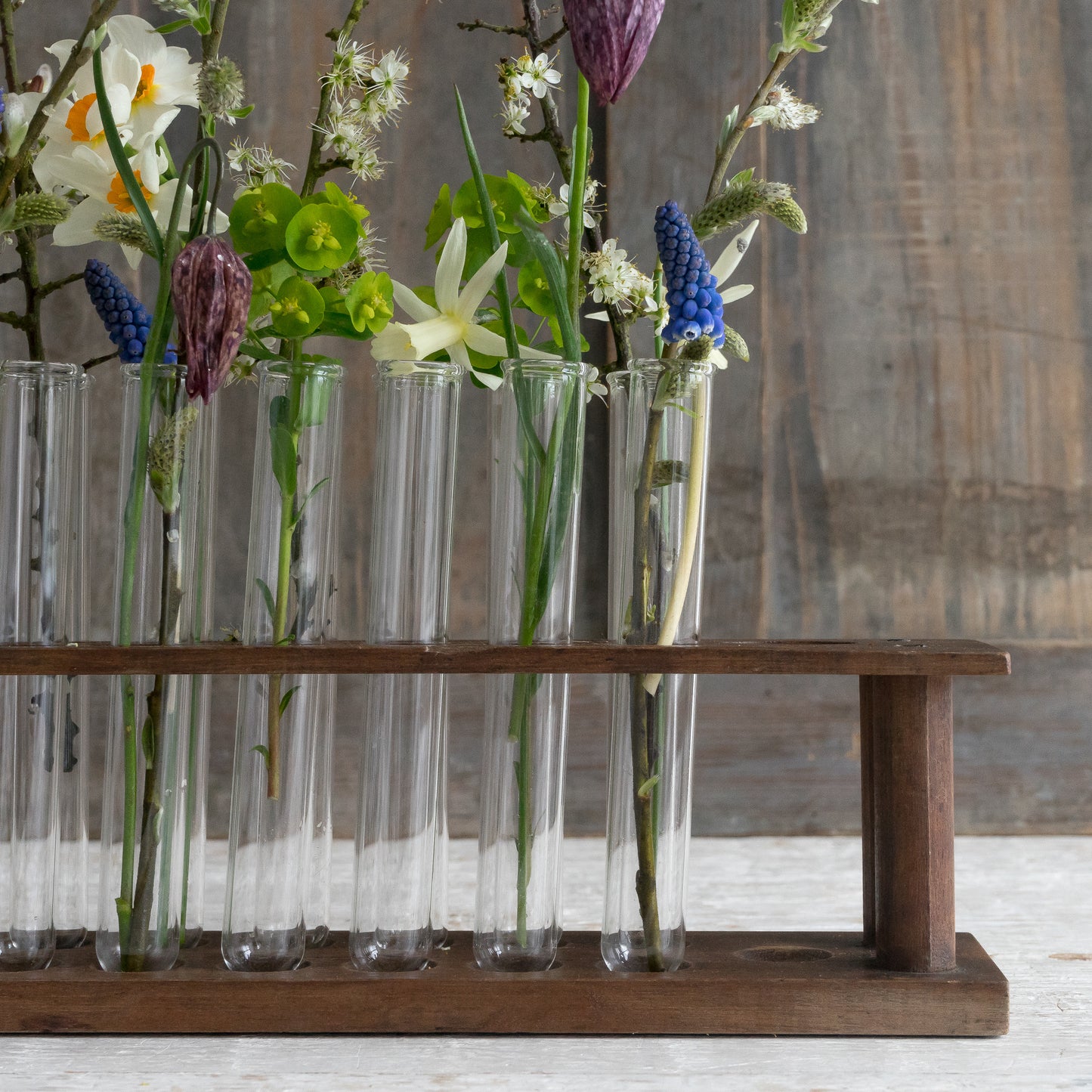 Vintage Wooden Test Tube Rack with 16 Glass Test Tubes