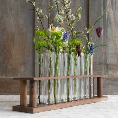 Vintage Wooden Test Tube Rack with 16 Glass Test Tubes