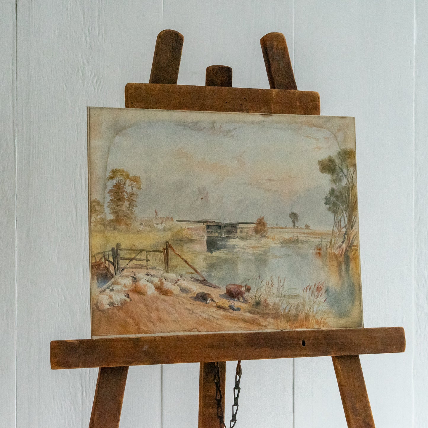 Watercolour Painting of a Farmer, His Dog and Sheep