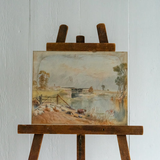 Watercolour Painting of a Farmer, His Dog and Sheep