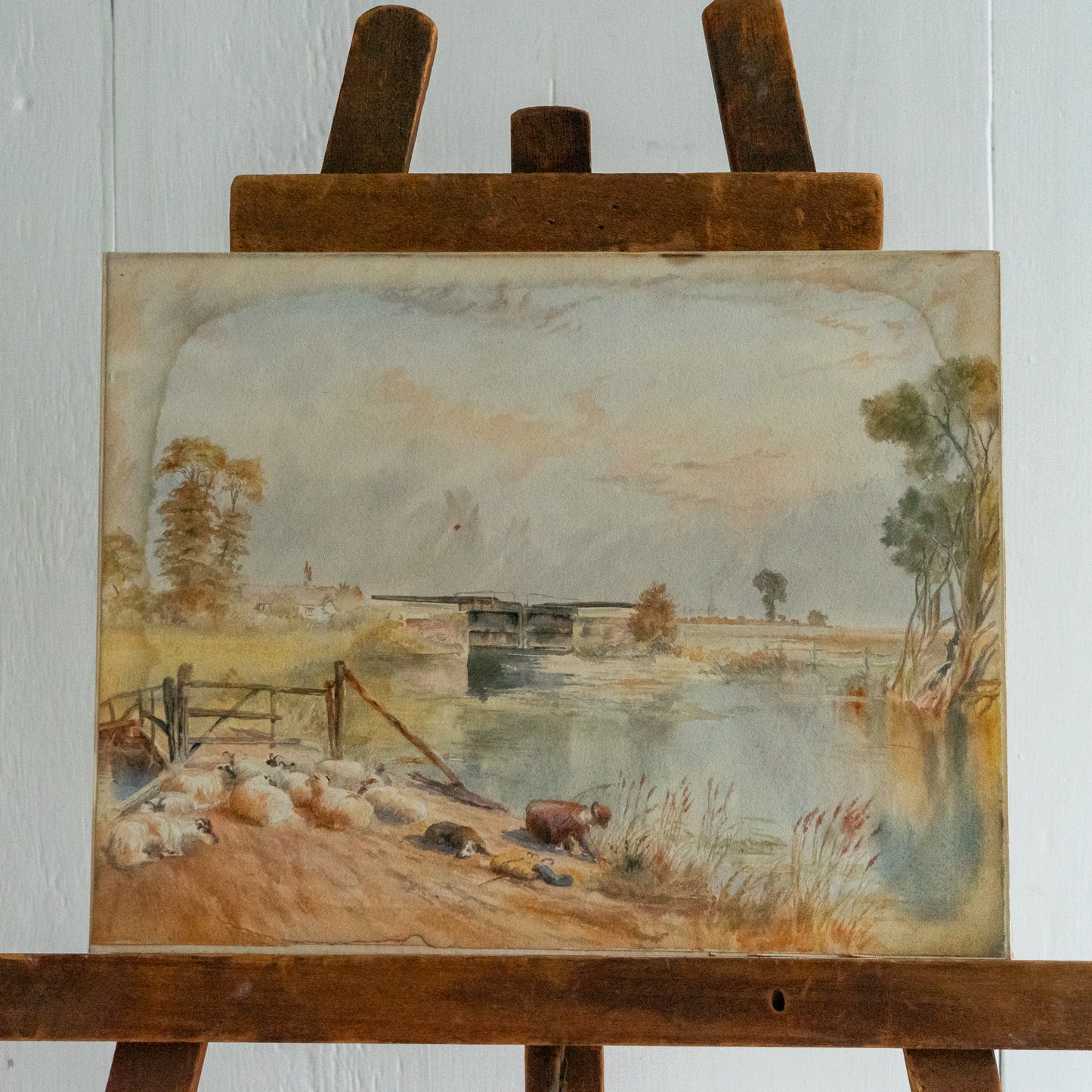 Watercolour Painting of a Farmer, His Dog and Sheep