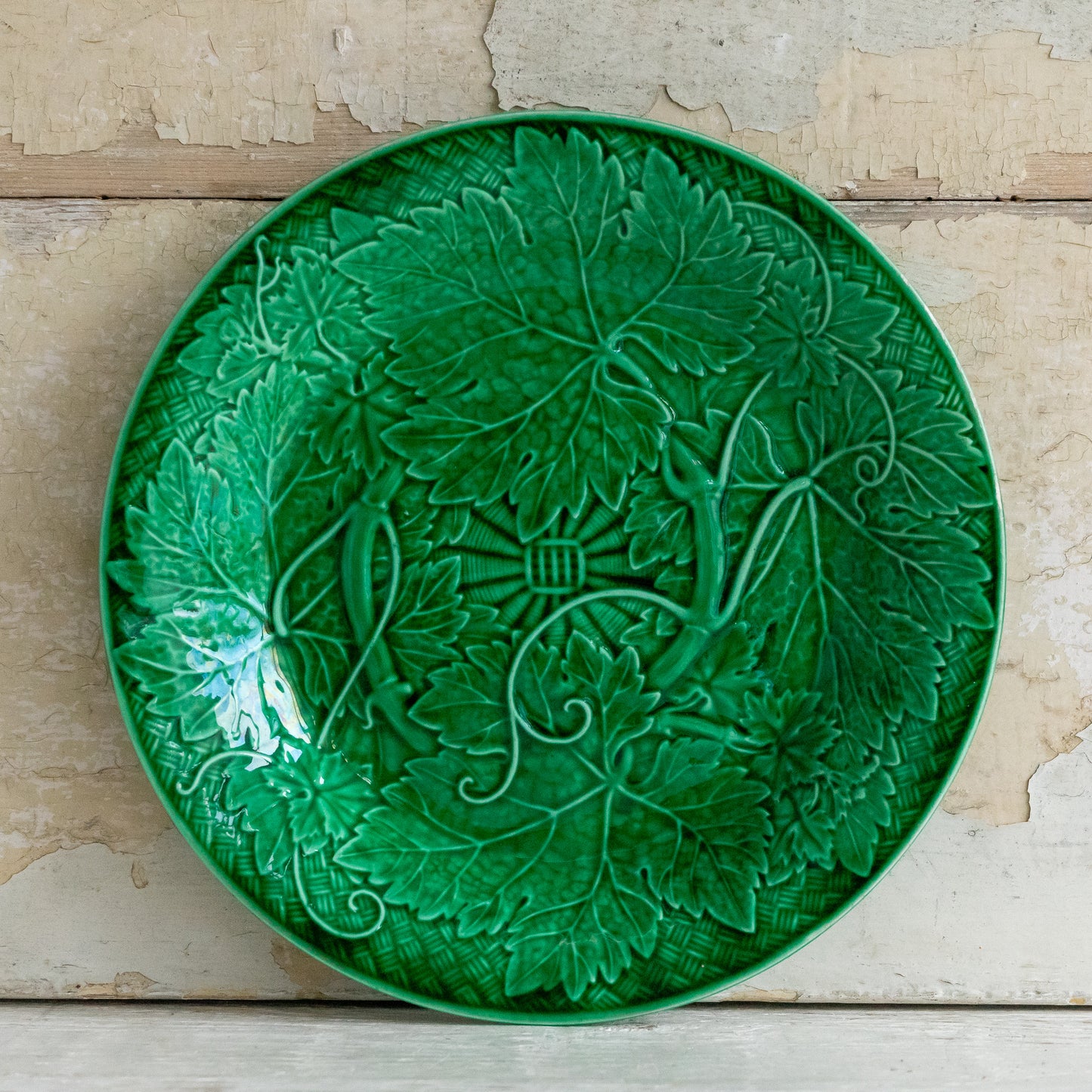 Wedgwood Vine and Basketweave Green Majolica Leaf Plate