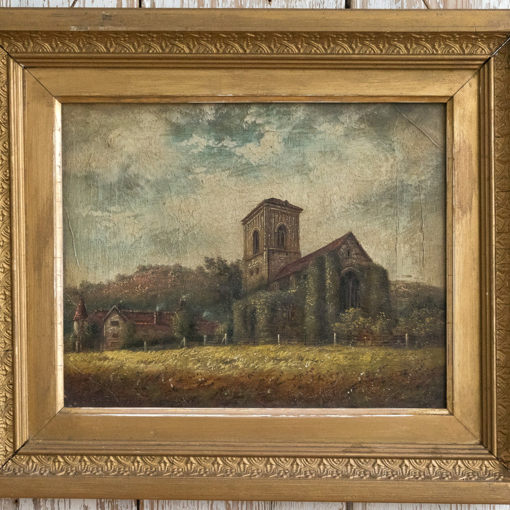 CHURCH OIL PAINTING IN ORIGINAL GILT FRAME