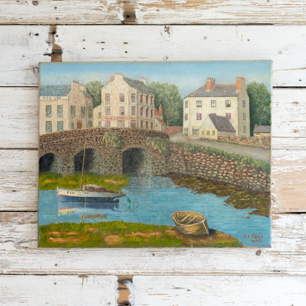 OIL PAINTING OF BOATS ON A RIVER