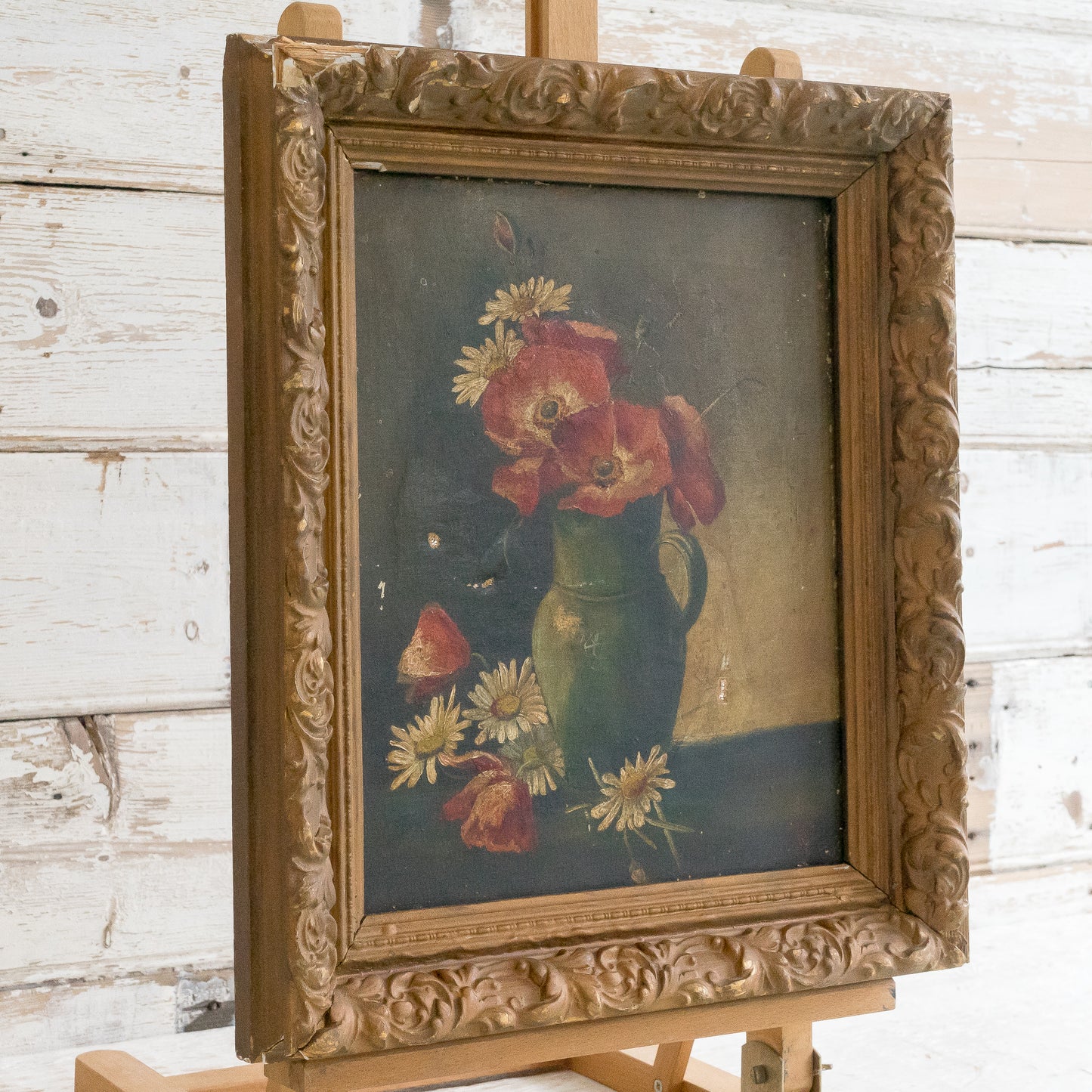 Poppy and Daisy Oil Painting in Gilt Frame