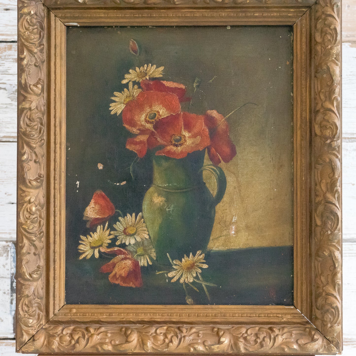 Poppy and Daisy Oil Painting in Gilt Frame