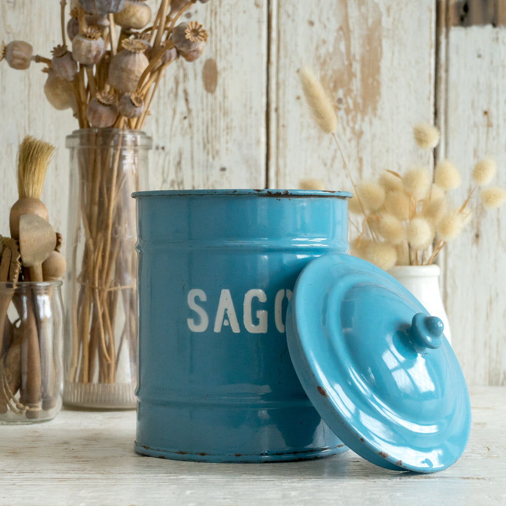 VINTAGE BLUE ENAMEL SAGO STORAGE TIN