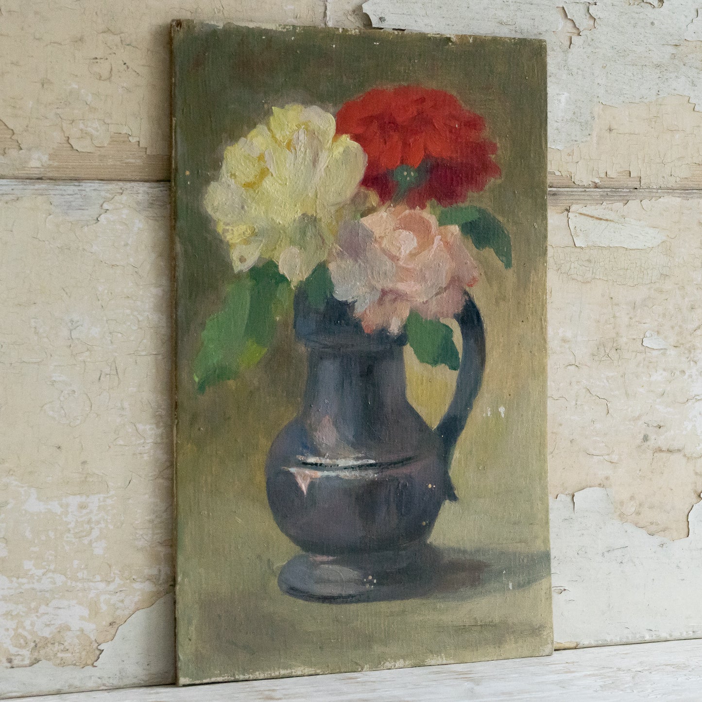 Vintage French Oil on Board Floral Painting